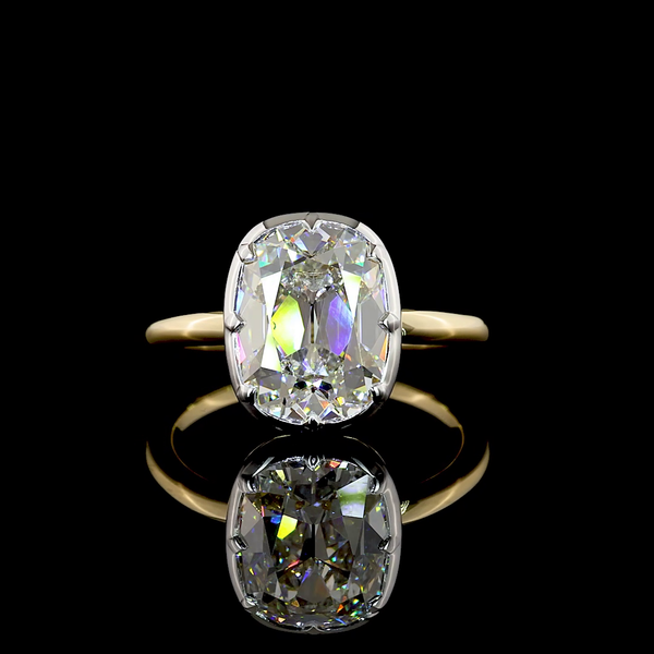 Lab-Grown 3.54 Carat Antique Cushion E-VVS2 Diamond 14K Two Tone Solitaire Ring