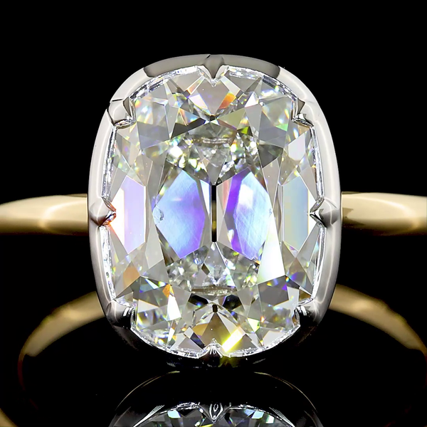 Lab-Grown 3.54 Carat Antique Cushion E-VVS2 Diamond 14K Two Tone Solitaire Ring