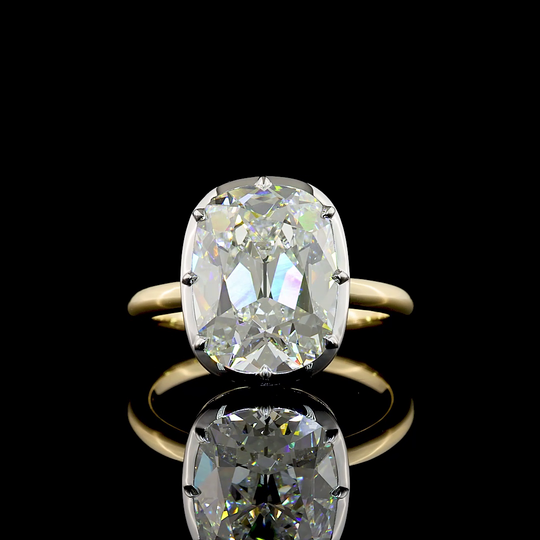 Lab-Grown 5.34 Carat Antique Cushion E-VVS2 Diamond 14K Two Tone Solitaire Ring