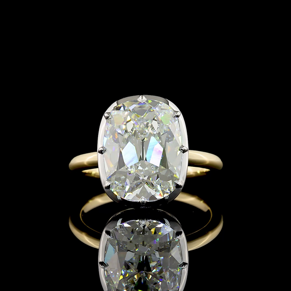 Lab-Grown 5.34 Carat Antique Cushion E-VVS2 Diamond 14K Two Tone Solitaire Ring