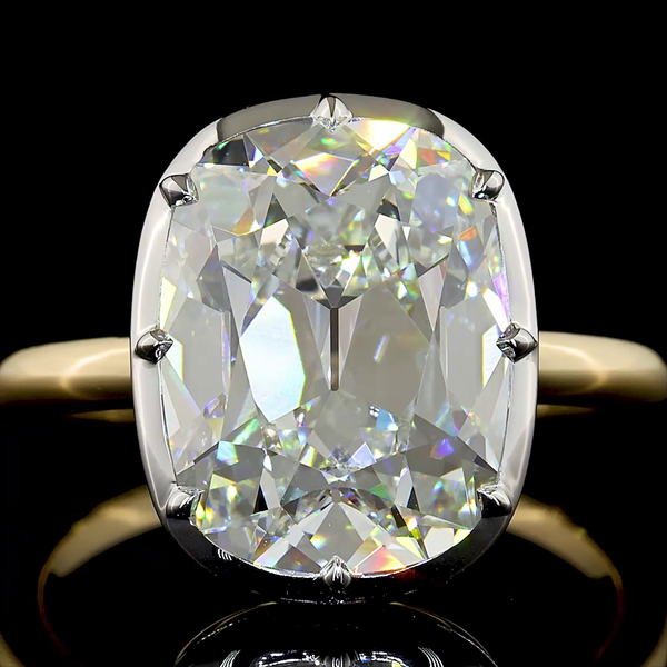 Lab-Grown 5.34 Carat Antique Cushion E-VVS2 Diamond 14K Two Tone Solitaire Ring