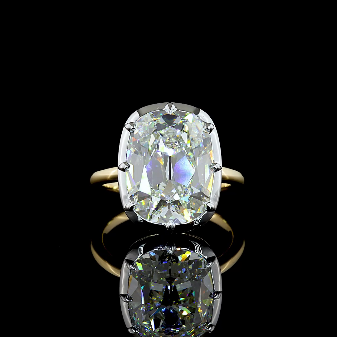 Lab-Grown 7.2 Carat Antique Cushion F-VVS2 Diamond 14K Two Tone Solitaire Ring