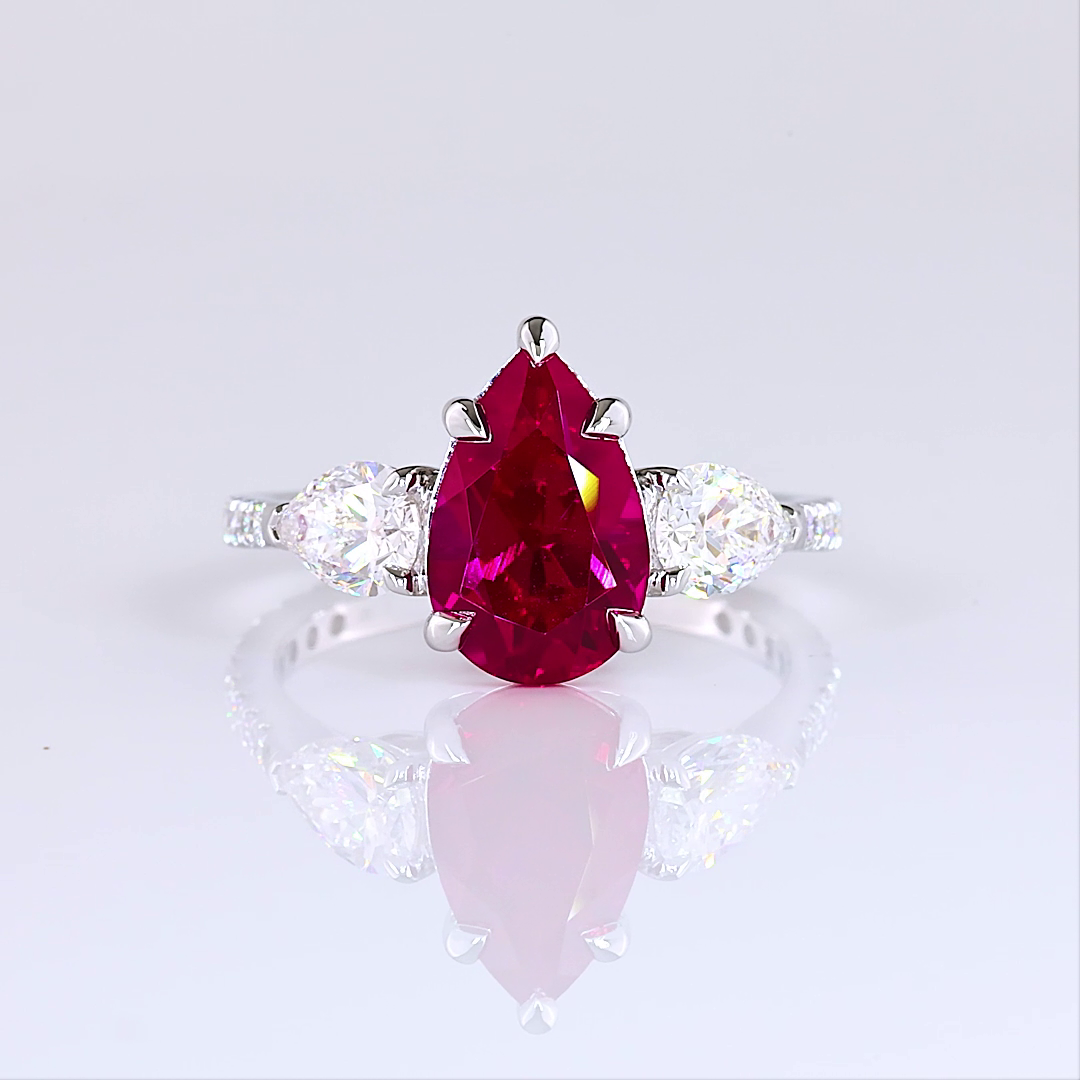 Lab-Grown 1.17 Carat Pear Rubby-VS1 Diamond 14K White Gold Split Shank Ring