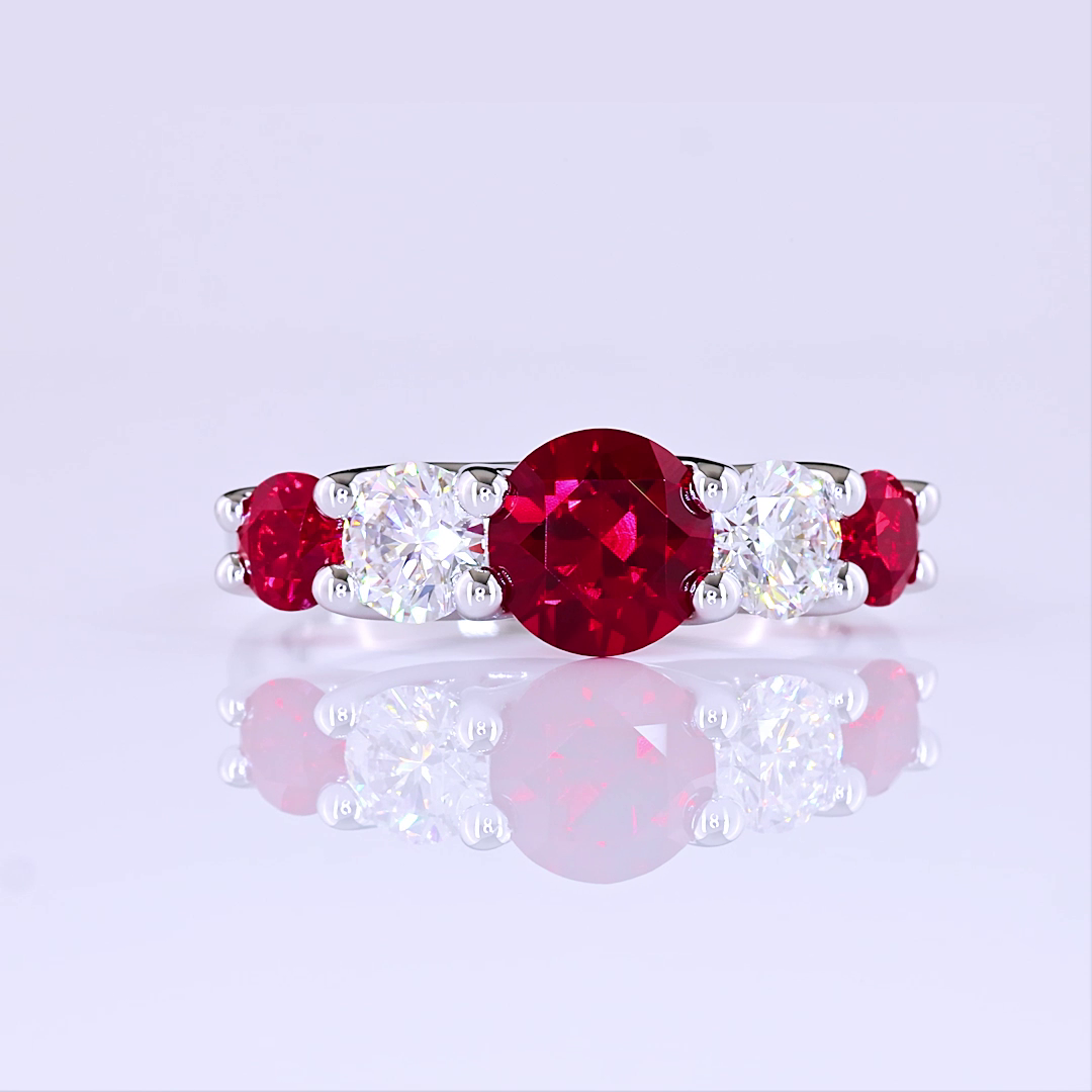 Lab-Grown 2.14 Carat Round Rubby-VS1 Diamond 14K White Gold 5 Stones Ring