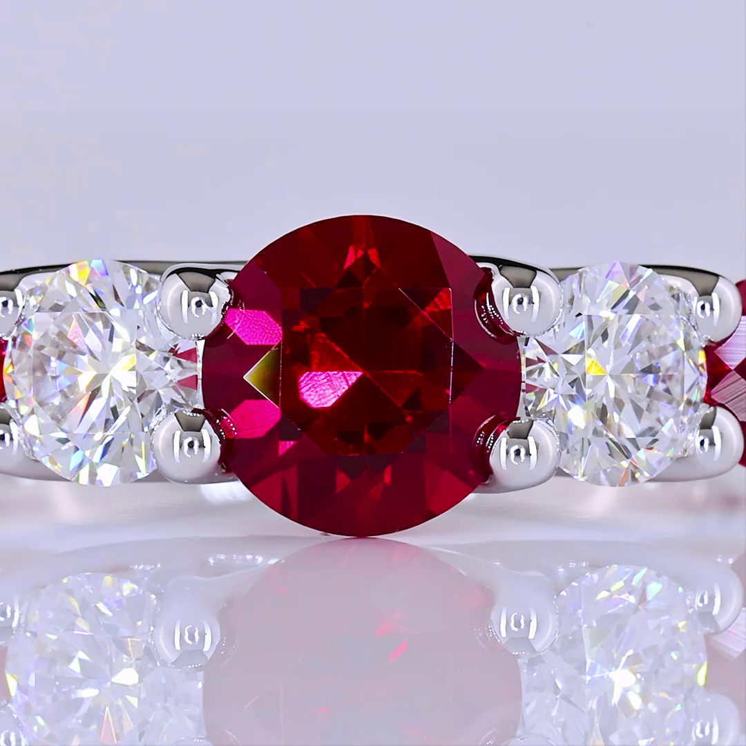 Lab-Grown 2.14 Carat Round Rubby-VS1 Diamond 14K White Gold 5 Stones Ring