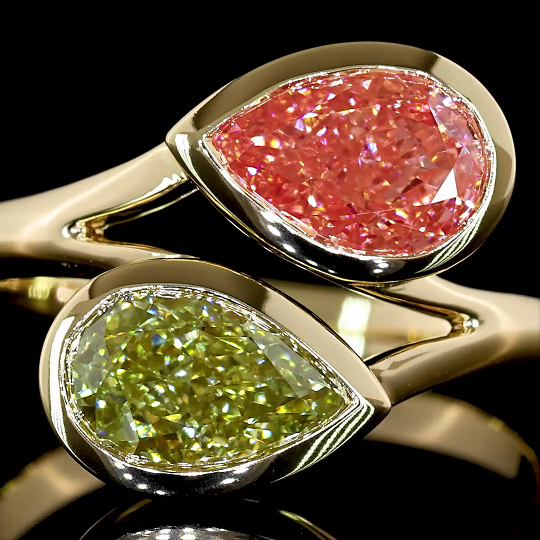 Lab-Grown 2.37 Carat Pear Fancy Vivid Yellow Diamond 14K YG Toi Et Moi Ring