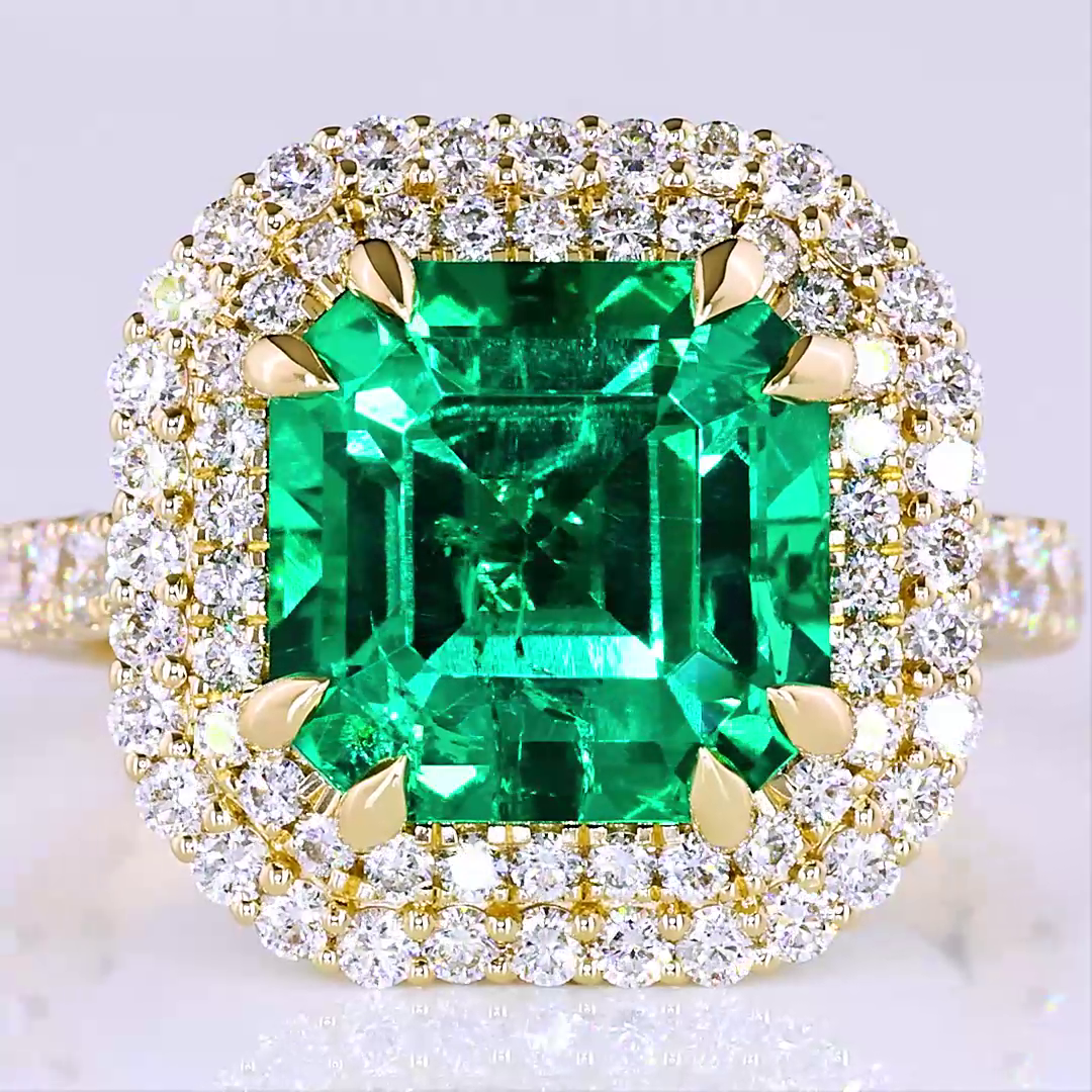 Lab-Grown 1.4 Carat Asscher Green Emerald Diamond 14K YG Solitaire Shank Ring