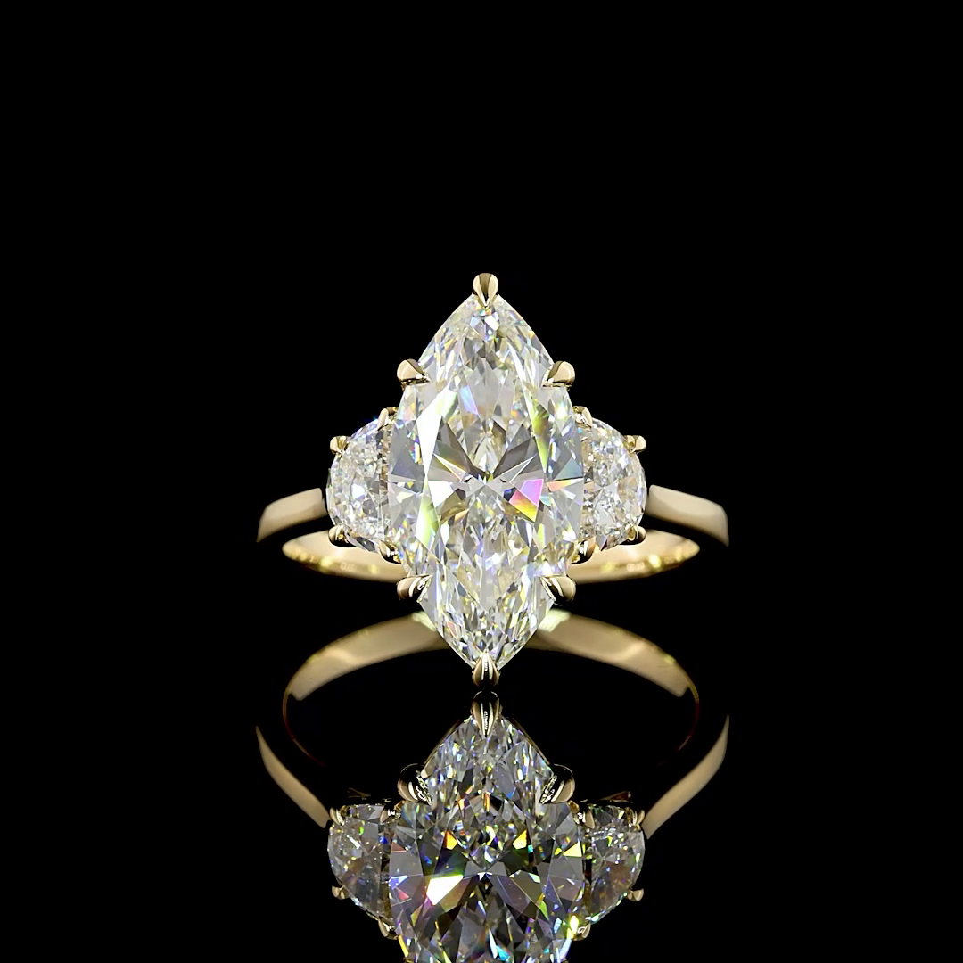 Lab-Grown 3.7 Carat Marquise D-VVS2 Diamond 14K Yellow Gold 3 Stones Ring