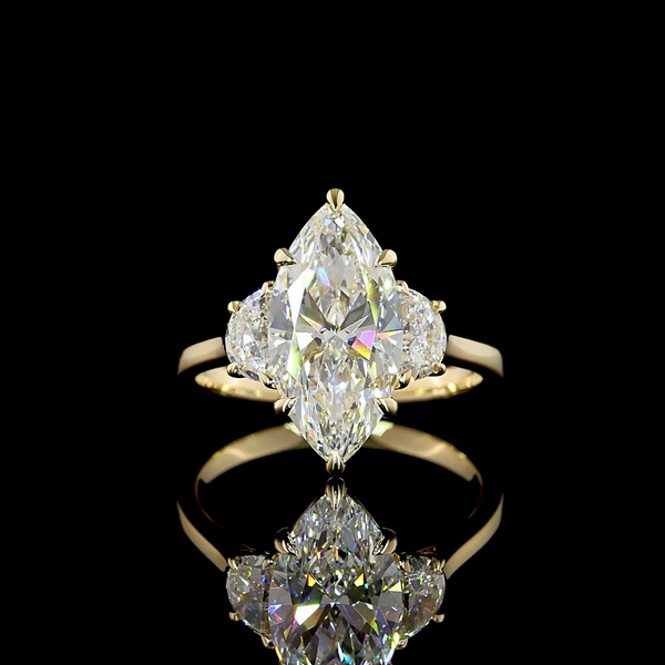 Lab-Grown 3.7 Carat Marquise D-VVS2 Diamond 14K Yellow Gold 3 Stones Ring