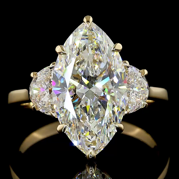 Lab-Grown 3.7 Carat Marquise D-VVS2 Diamond 14K Yellow Gold 3 Stones Ring