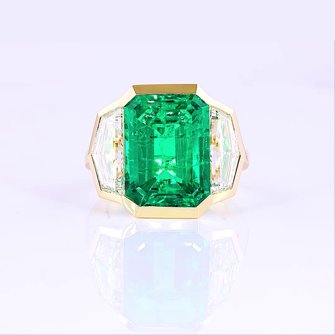 Lab-Grown 3.74 Carat Emerald -VS1 Diamond 14K Yellow Gold 3 Stones Ring