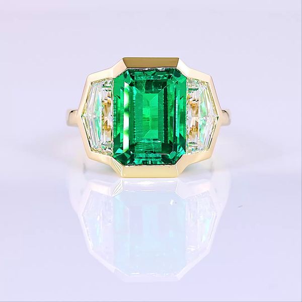 Lab-Grown 2.57 Carat Emerald -VS1 Diamond 14K Yellow Gold 3 Stones Ring