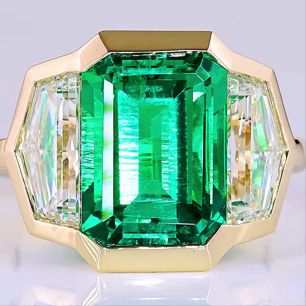 Lab-Grown 2.57 Carat Emerald -VS1 Diamond 14K Yellow Gold 3 Stones Ring