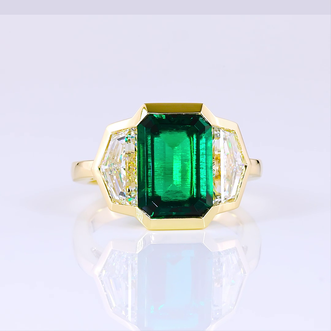 Lab-Grown 1.99 Carat Emerald -VS1 Diamond 14K Yellow Gold 3 Stones Ring