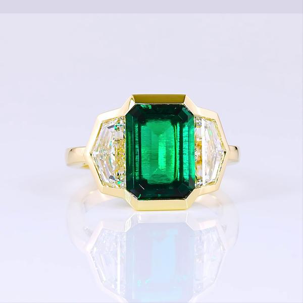 Lab-Grown 1.99 Carat Emerald -VS1 Diamond 14K Yellow Gold 3 Stones Ring