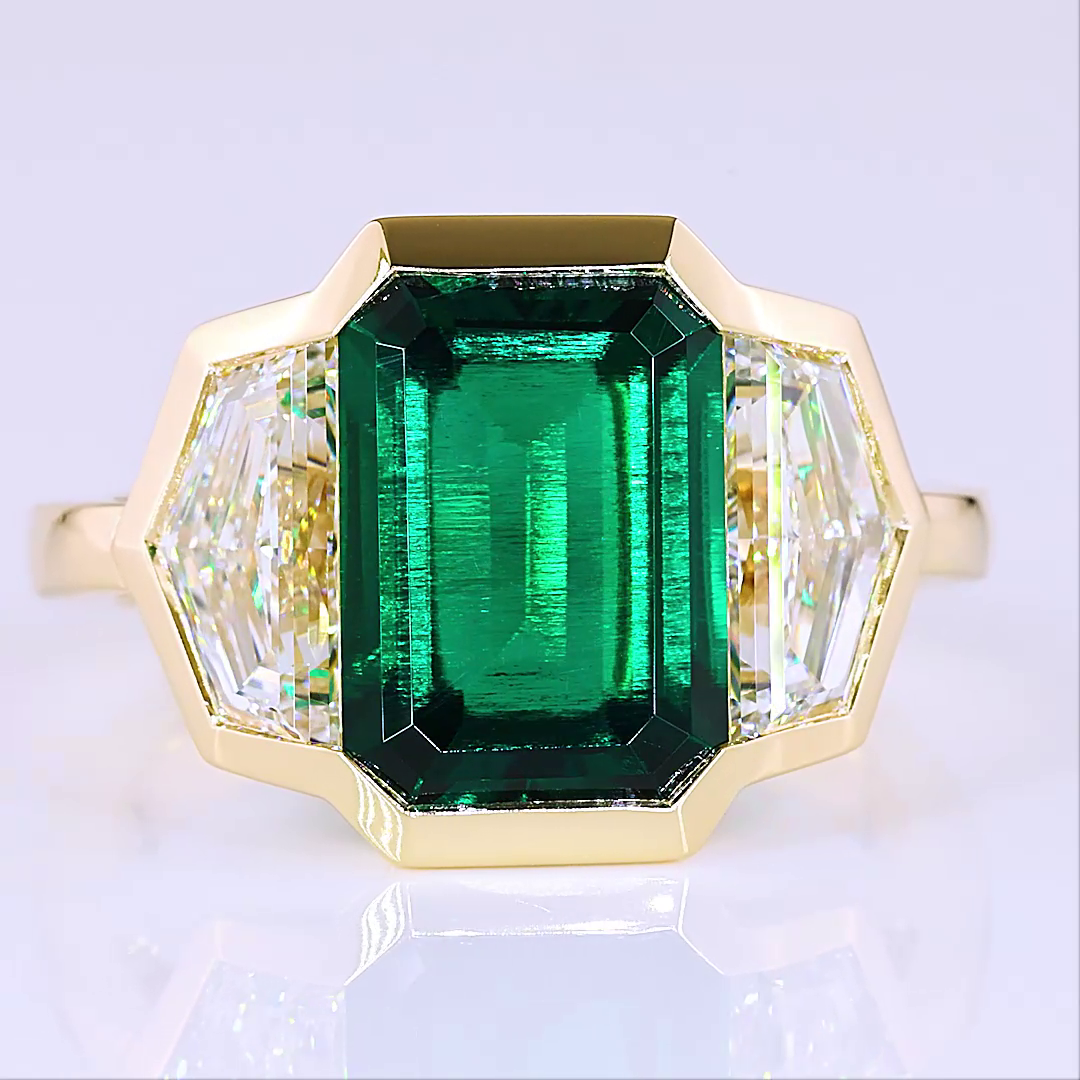 Lab-Grown 1.99 Carat Emerald -VS1 Diamond 14K Yellow Gold 3 Stones Ring