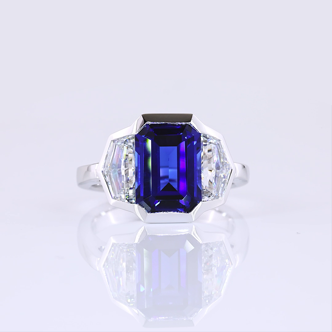 Lab-Grown 6.27 Carat Emerald Blue-VS1 Diamond 14K White Gold 3 Stones Ring