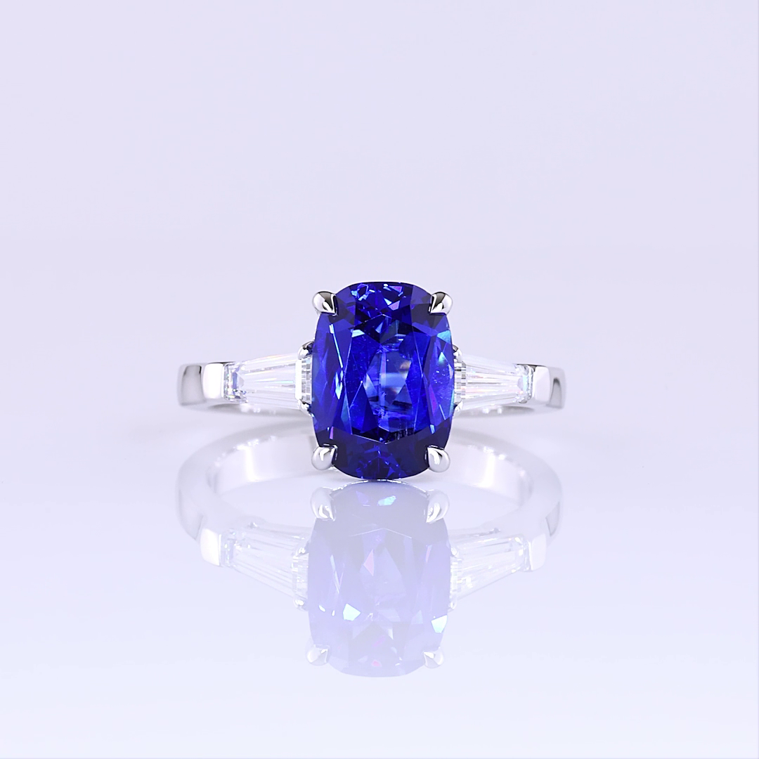 Lab-Grown 3.72 Carat Cushion Brilliant Blue-VS1 Diamond 14K WG Three Stones Ring