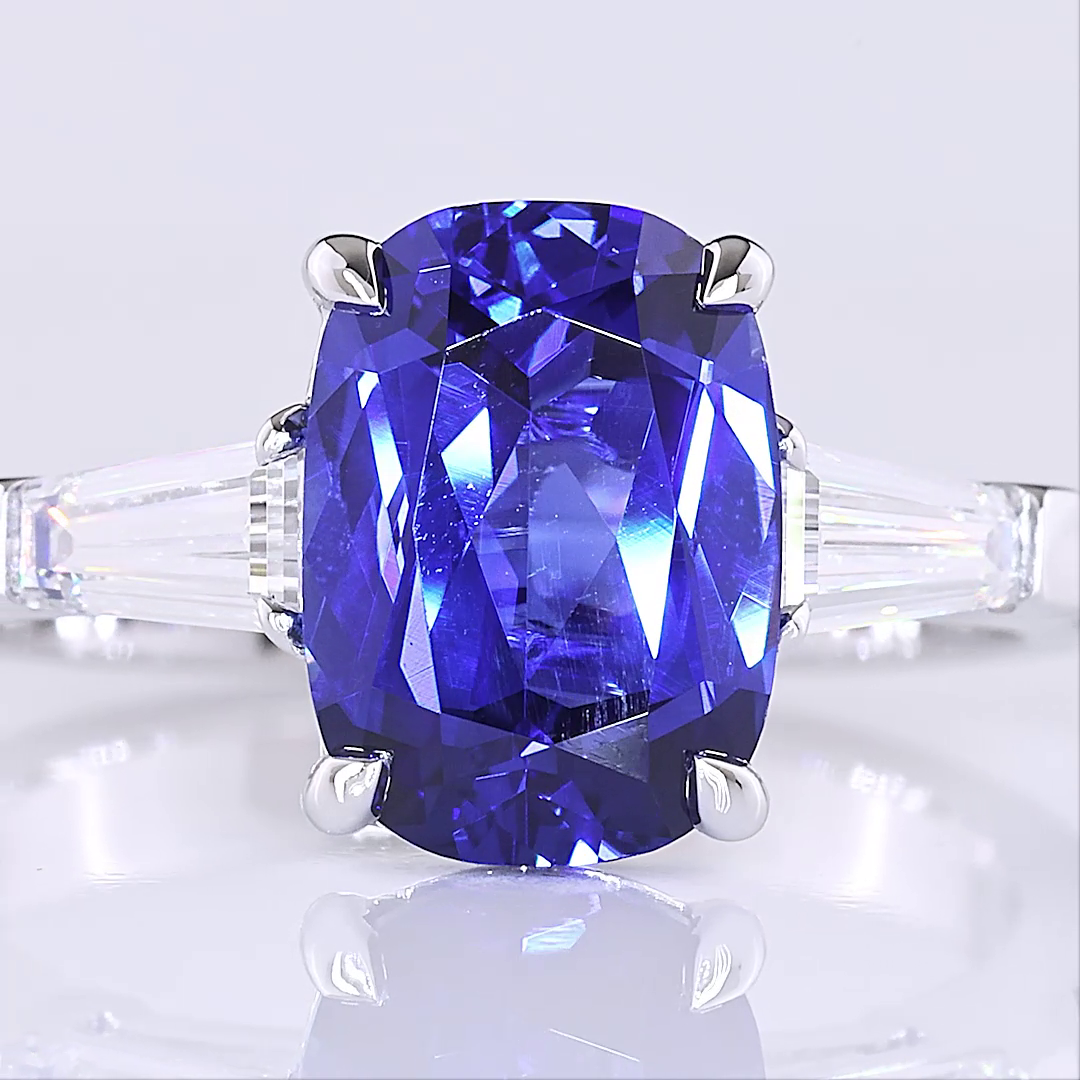 Lab-Grown 3.72 Carat Cushion Brilliant Blue-VS1 Diamond 14K WG Three Stones Ring