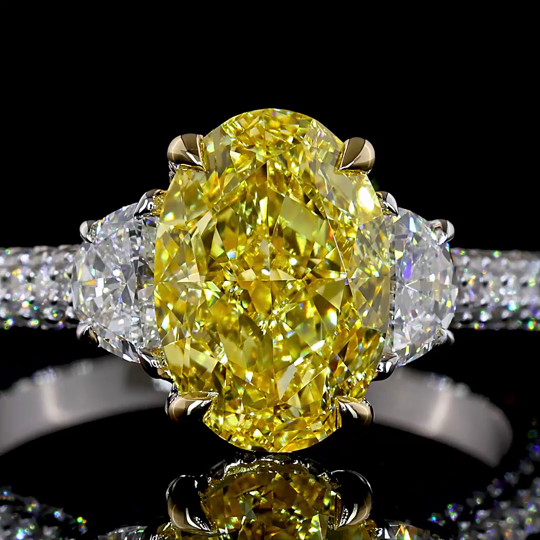Lab-Grown 3.63 Carat Oval Fancy Intense Yellow Diamond 14K Hidden Halo Ring