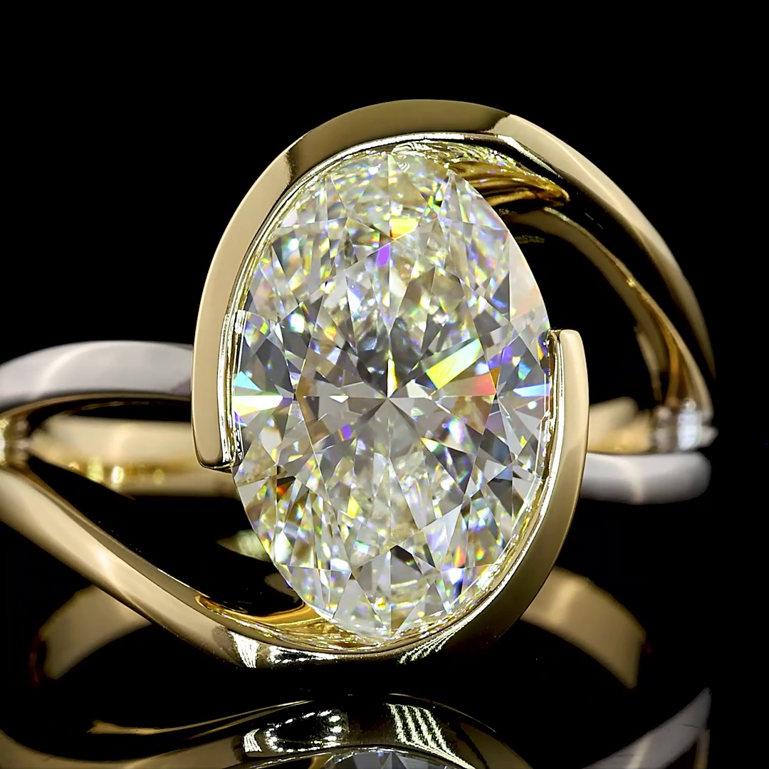 Lab-Grown 3.57 Carat Oval E-F-VS1 Diamond 14K Two Tone Solitaire Ring