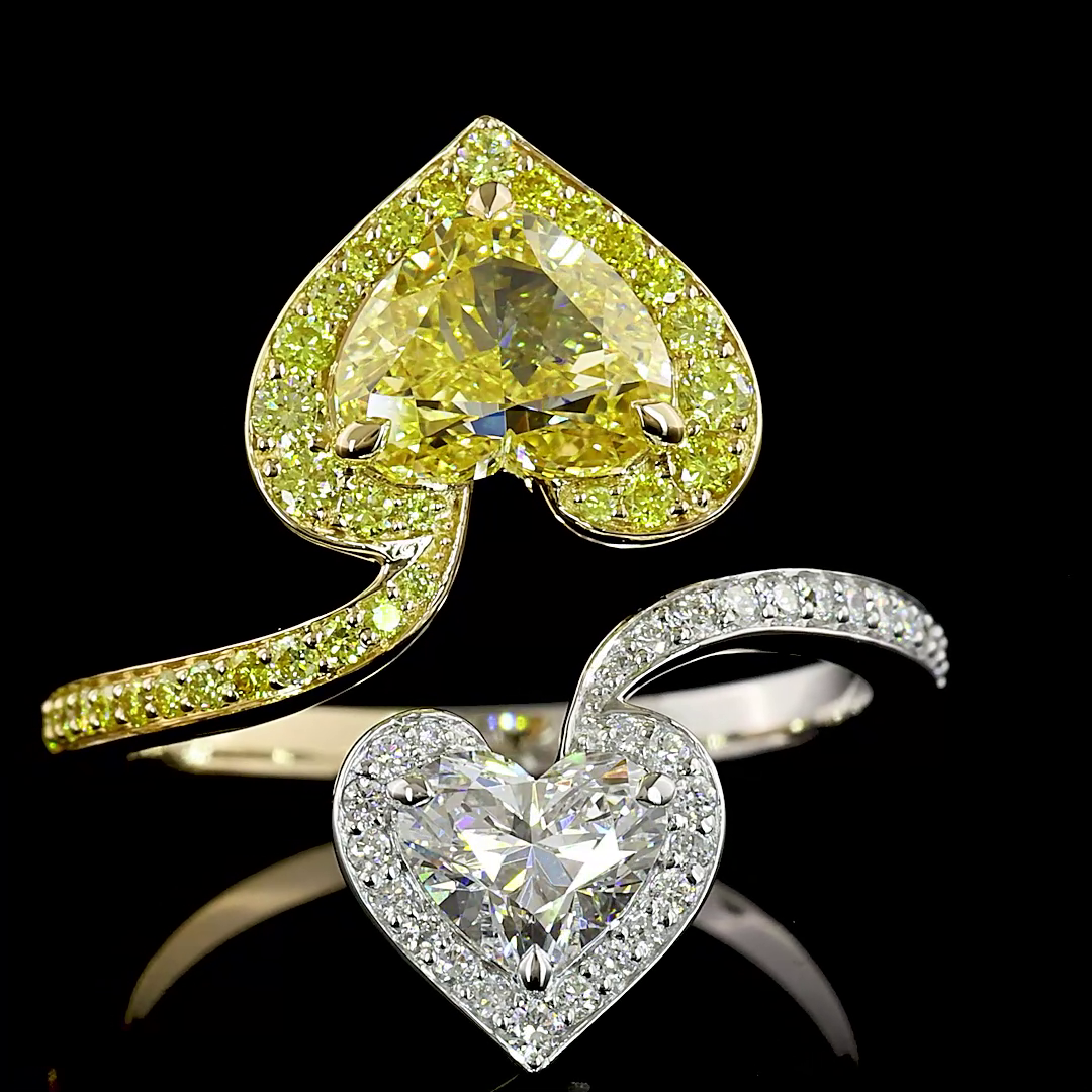 Lab-Grown 2.54 Carat Heart Fancy Vivid-VS1 Diamond 14K Two Tone Cocktail Ring