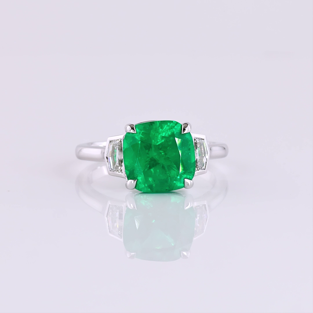 Lab-Grown 0.39 Ct. Square Cushion Green Emerald Diamond 14K WG Three Stones Ring