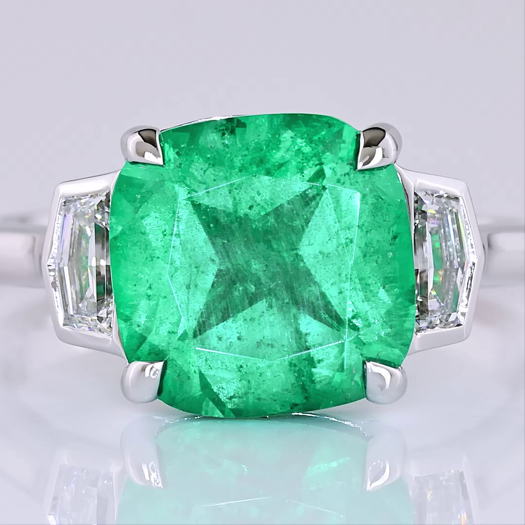 Lab-Grown 0.39 Ct. Square Cushion Green Emerald Diamond 14K WG Three Stones Ring