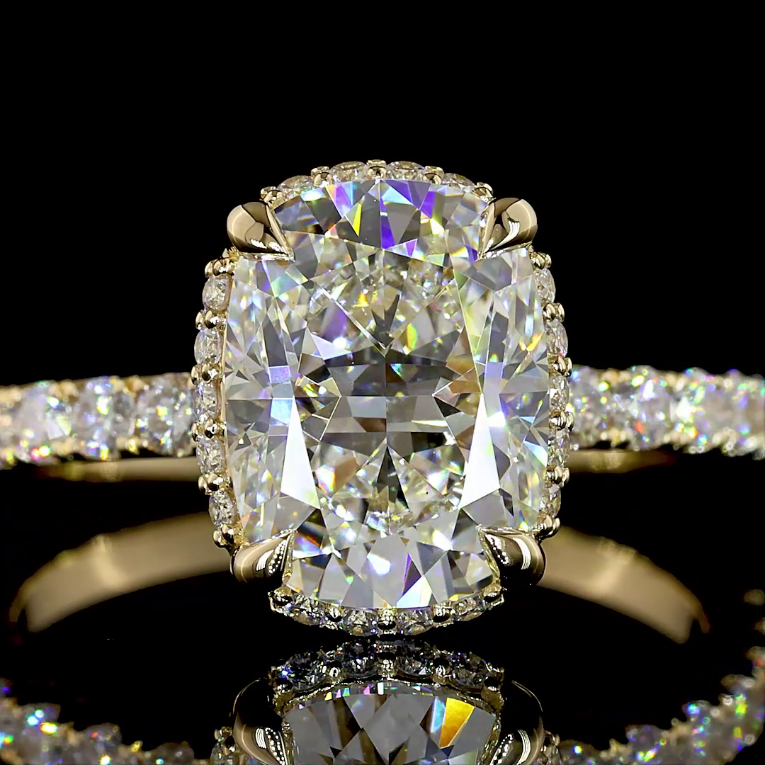 Lab-Grown 3.16 Carat Cushion Brilliant E-F-VVS2 Diamond 14K YG Halo Ring