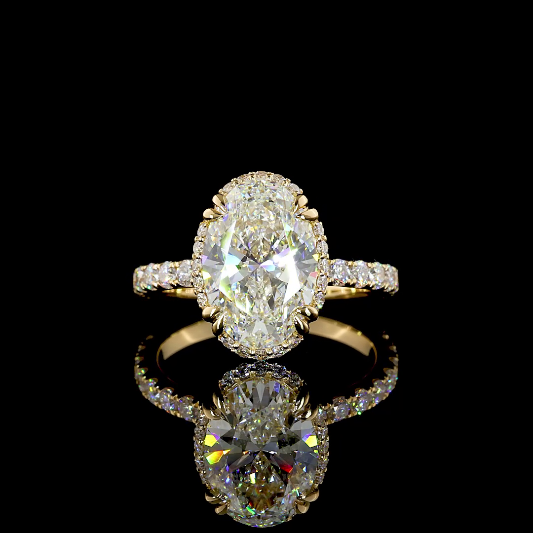 Lab-Grown 3.88 Carat Oval E-F-VVS1 Diamond 14K Yellow Gold Halo Ring