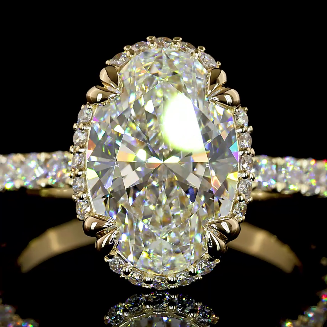 Lab-Grown 3.9 Carat Oval E-F-VVS2 Diamond 14K Yellow Gold Hidden Halo Ring