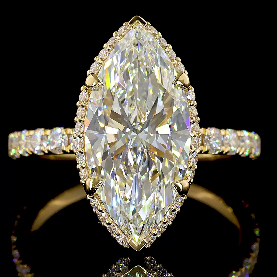Lab-Grown 4.44 Carat Marquise E-F-VS1 Diamond 14K Yellow Gold Hidden Halo Ring