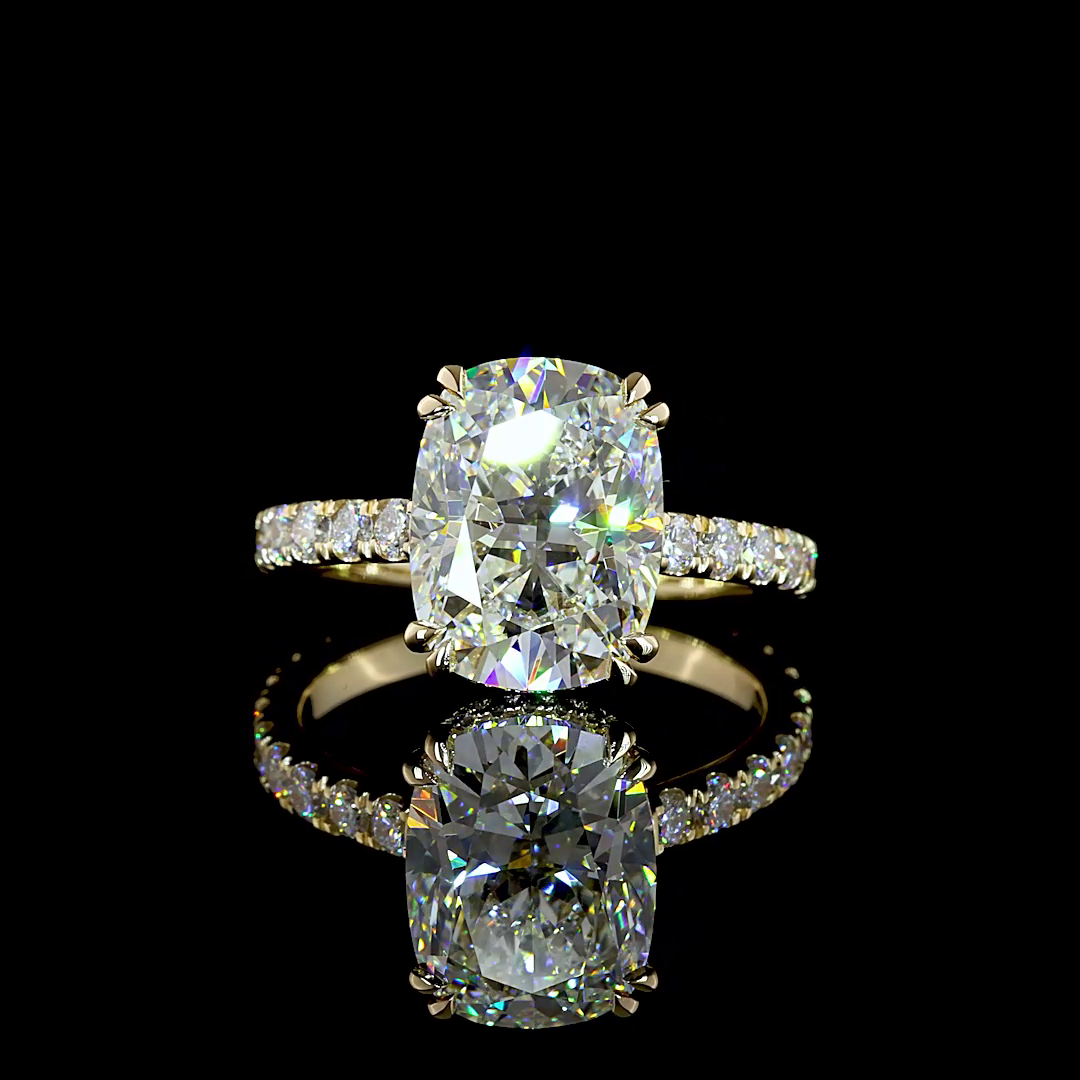 Lab-Grown 4.81 Carat Cushion Brilliant E-F-VVS2 Diamond 14K YG Hidden Halo Ring