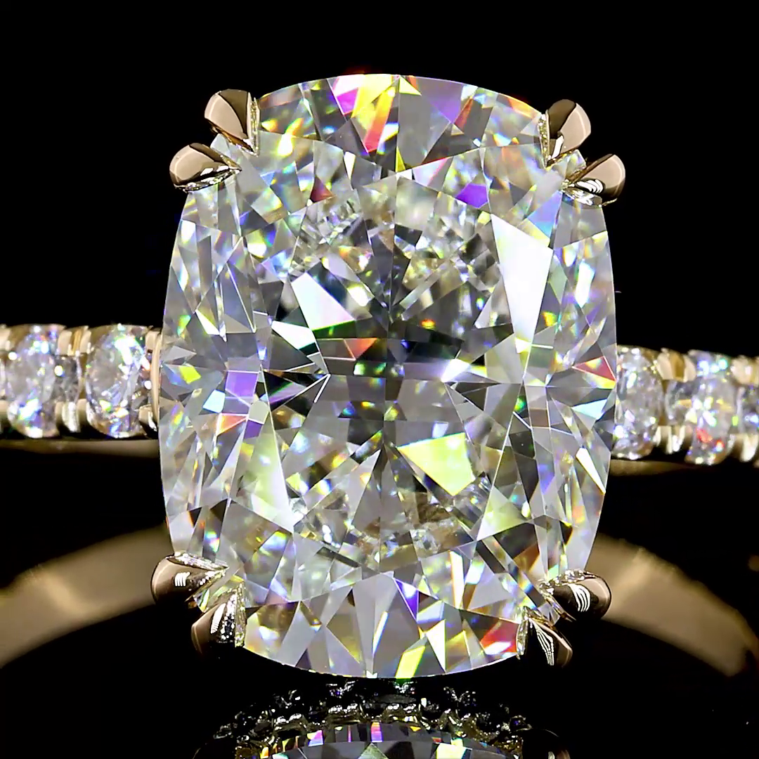 Lab-Grown 4.81 Carat Cushion Brilliant E-F-VVS2 Diamond 14K YG Hidden Halo Ring