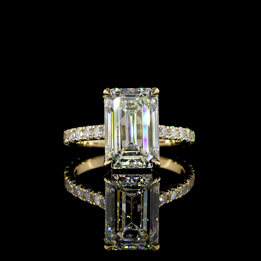 Lab-Grown 5.09 Carat Emerald E-F-VS1 Diamond 14K Yellow Gold Hidden Halo Ring