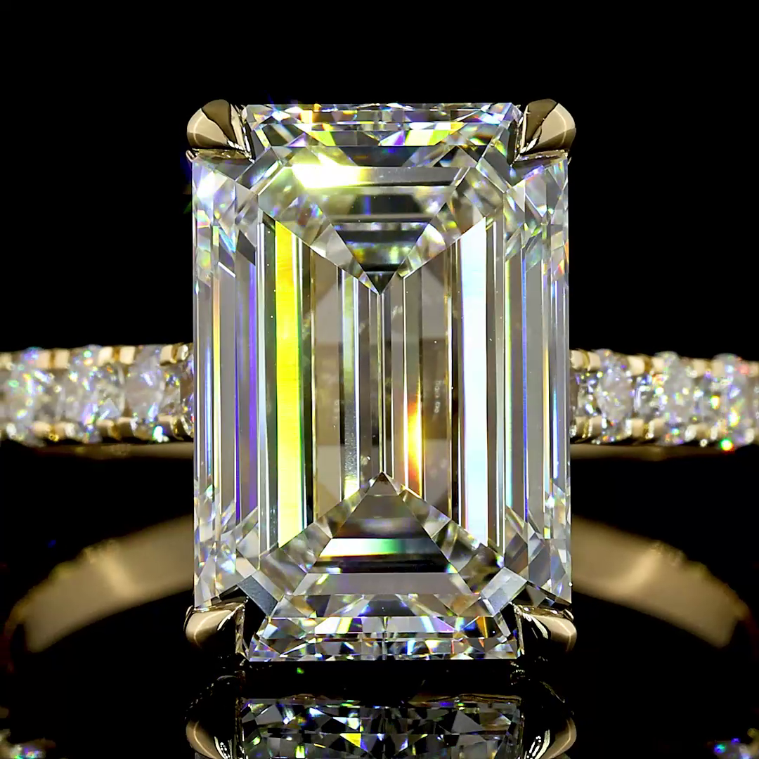 Lab-Grown 5.09 Carat Emerald E-F-VS1 Diamond 14K Yellow Gold Hidden Halo Ring