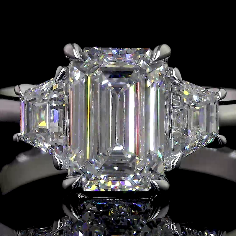 Lab-Grown 9.53 Carat Emerald D-VS1 Diamond 14K White Gold 3 Stones Ring