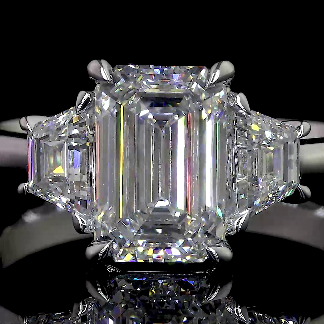 Lab-Grown 2.3 Carat Emerald E-F-VS1 Diamond Platinum Three Stones Ring