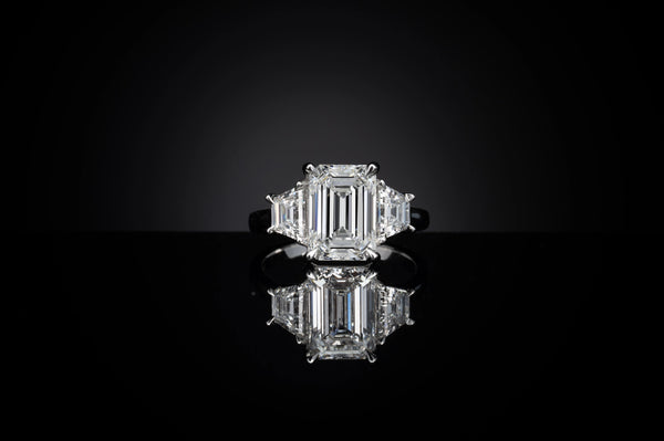 Lab-Grown 6.33 Carat Emerald E-VS2 Diamond 14K White Gold 3 Stones Ring