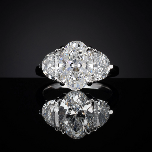 Lab-Grown 4.19 Carat Oval D-VVS2 Diamond 14K White Gold 3 Stones Ring
