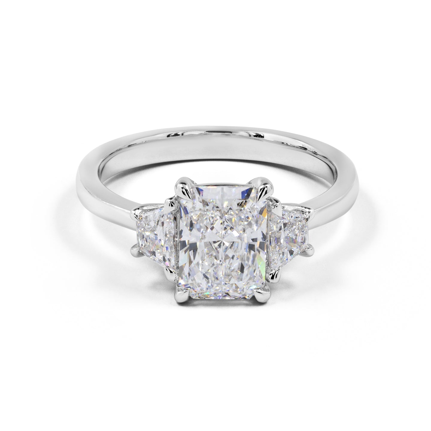 Lab-Grown 2.29 Carat Radiant E-VVS2 Diamond 14K White Gold Three Stones Ring