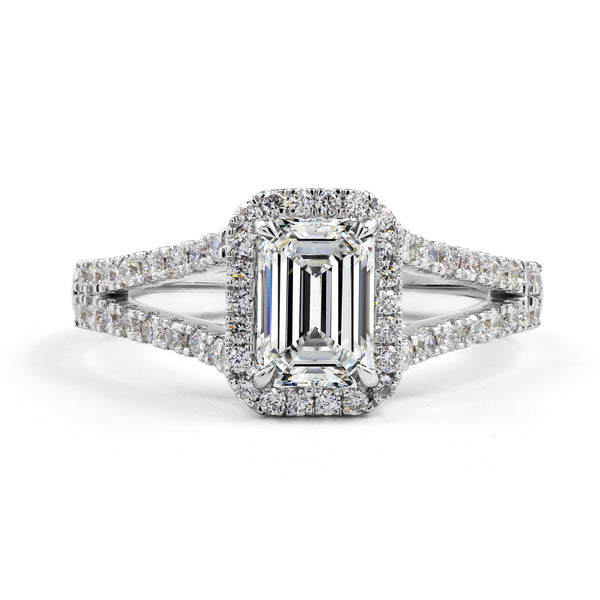 Lab-Grown 3.48 Carat Emerald E-VS1 Diamond 14K White Gold Split Shank Ring