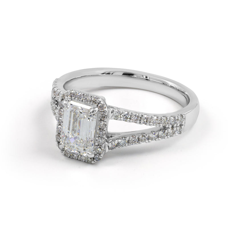 Lab-Grown 3.70 Carat Emerald E-VVS2 Diamond 14K White Gold Split Shank Ring