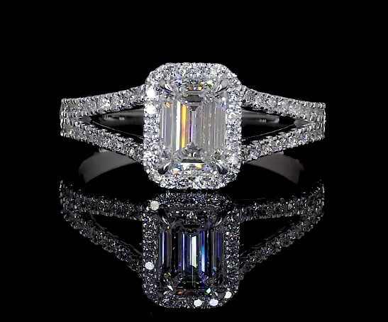 Lab-Grown 9.01 Carat Emerald E-VS2 Diamond 14K White Gold Split Shank Ring