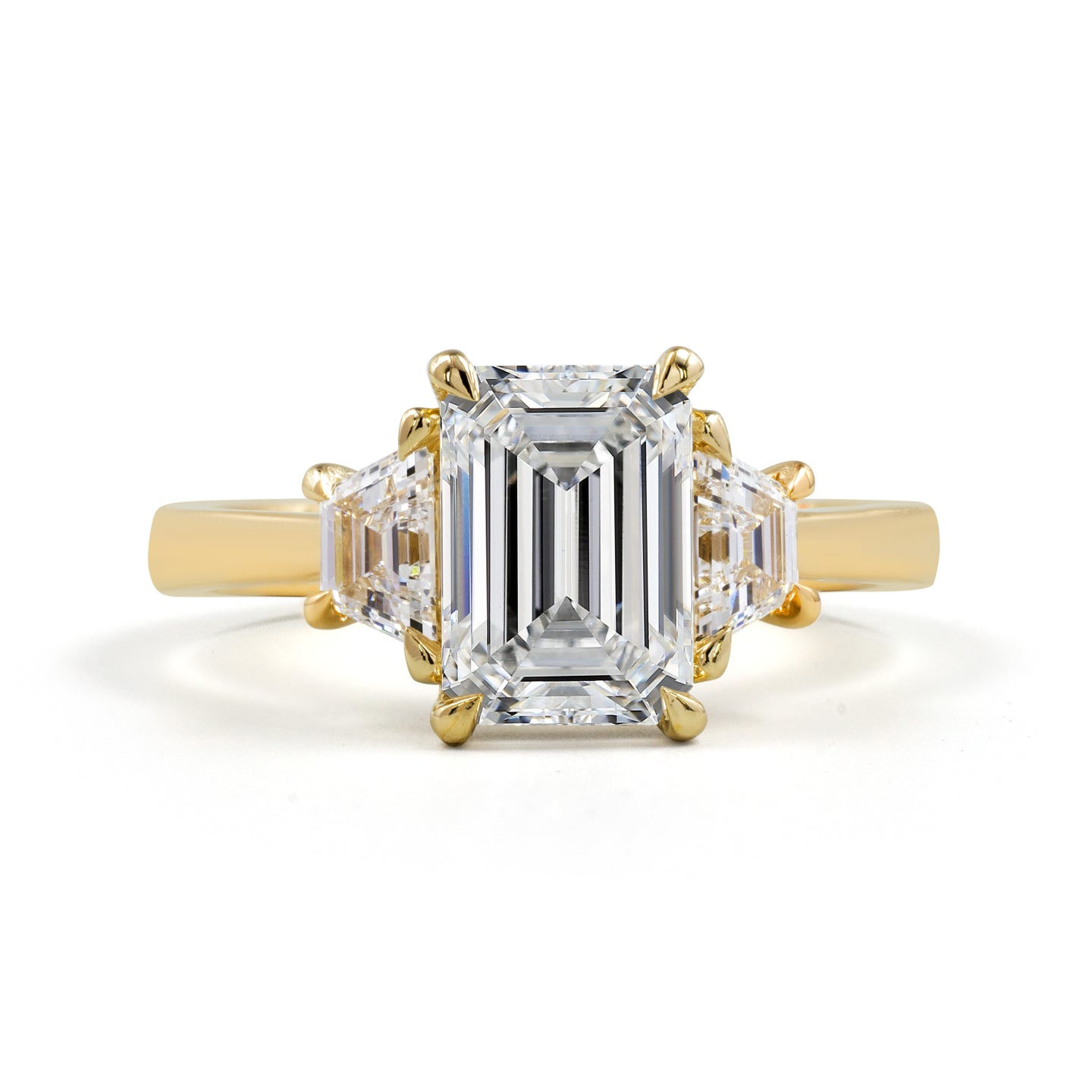 Lab-Grown 2.15 Carat Emerald E-F-VS2 Diamond 14K Yellow Gold 3 Stones Ring