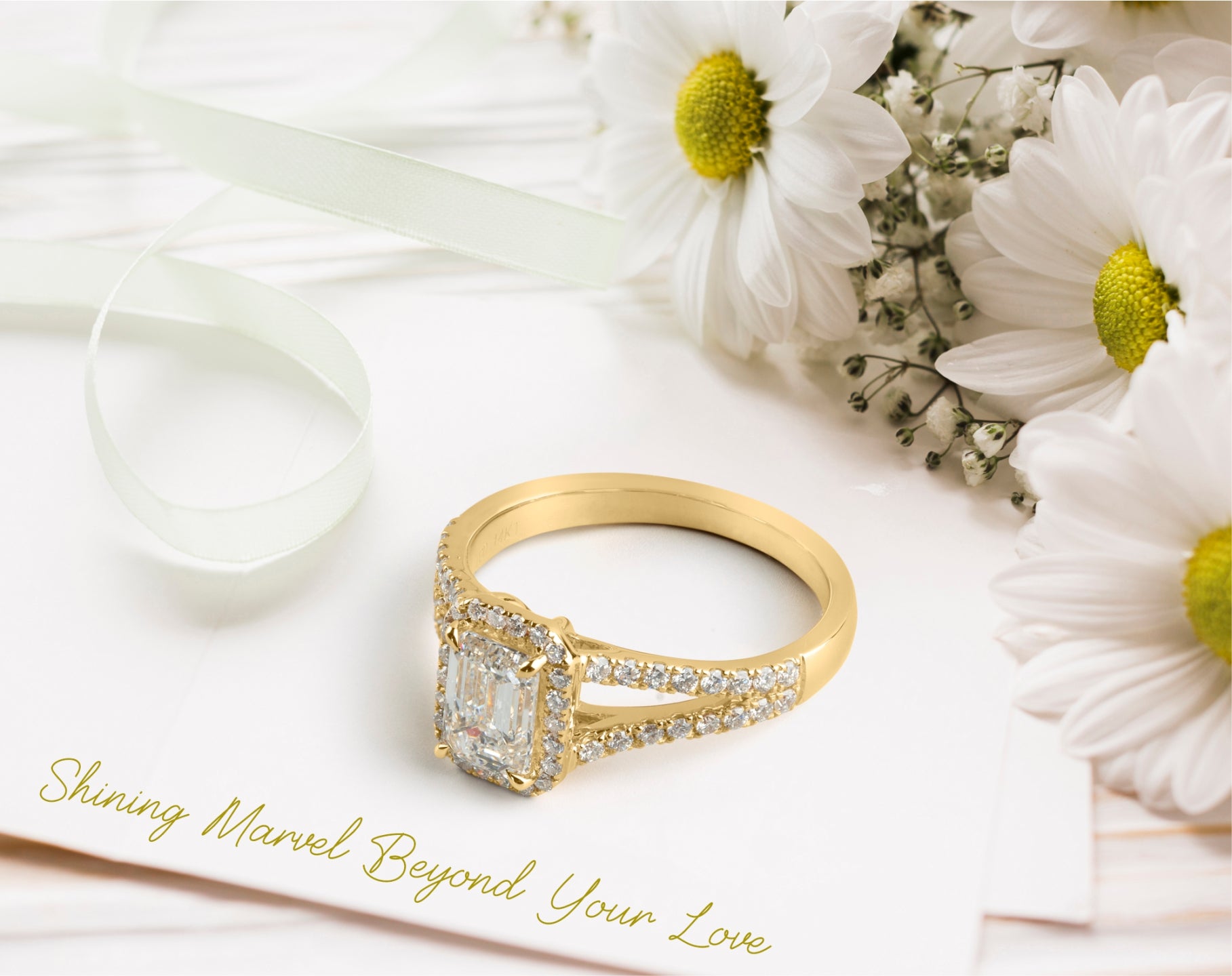 Lab-Grown 1.38 Carat Emerald D-VS1 Diamond 14K Yellow Gold Split Shank Ring