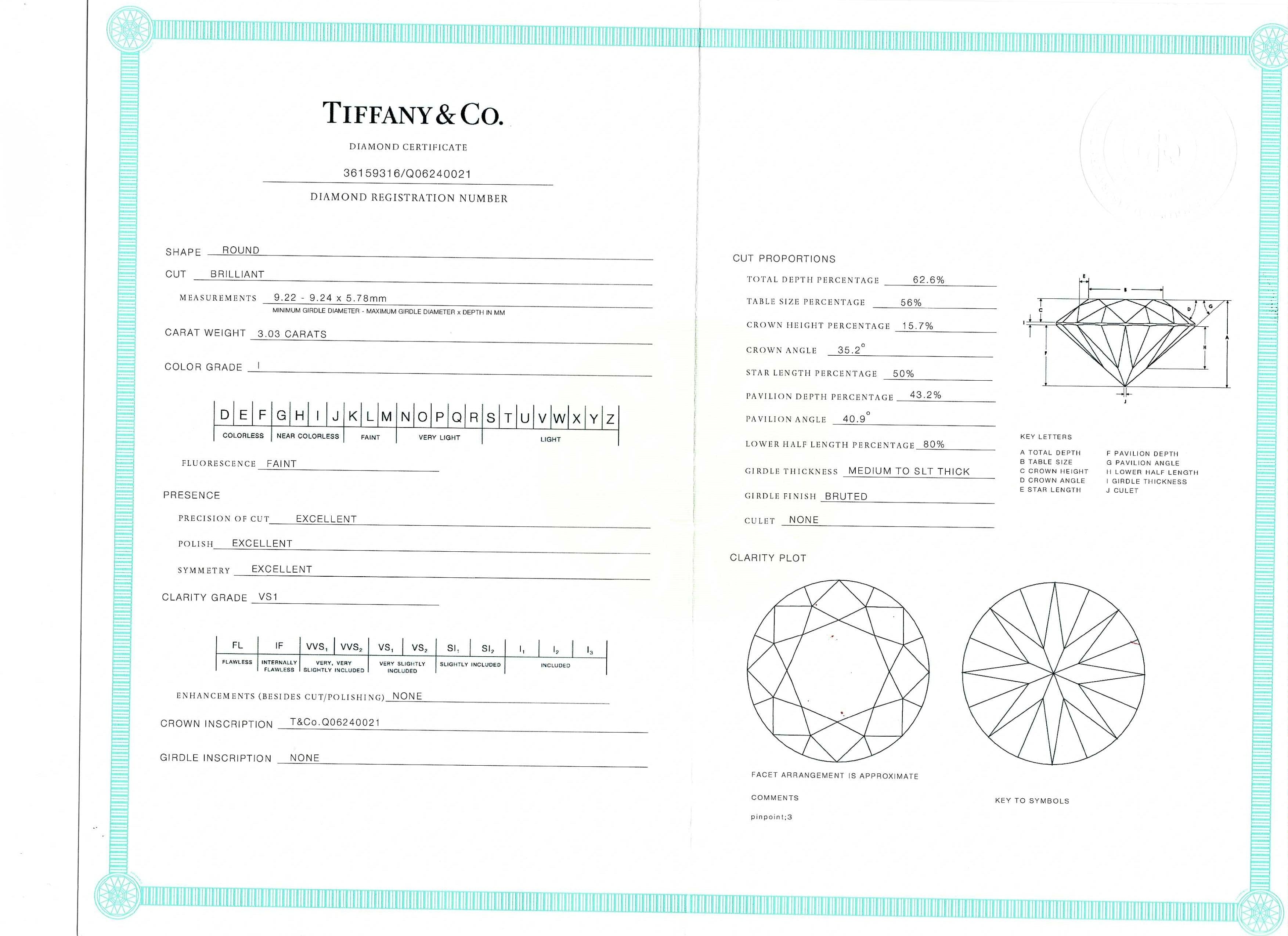 Tiffany & Co 3.03 Carat Round Brilliant I VS1 Diamond Platinum Engagement Ring