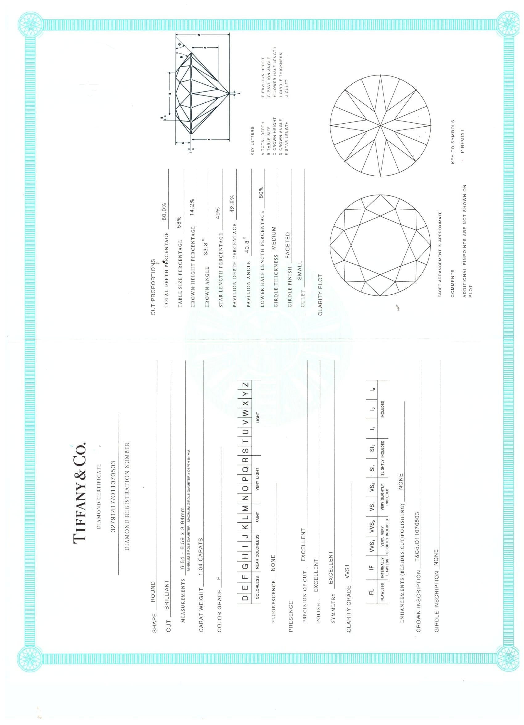Tiffany and Co 1.04 Carat Round Brilliant Diamond Platinum Engagement Ring