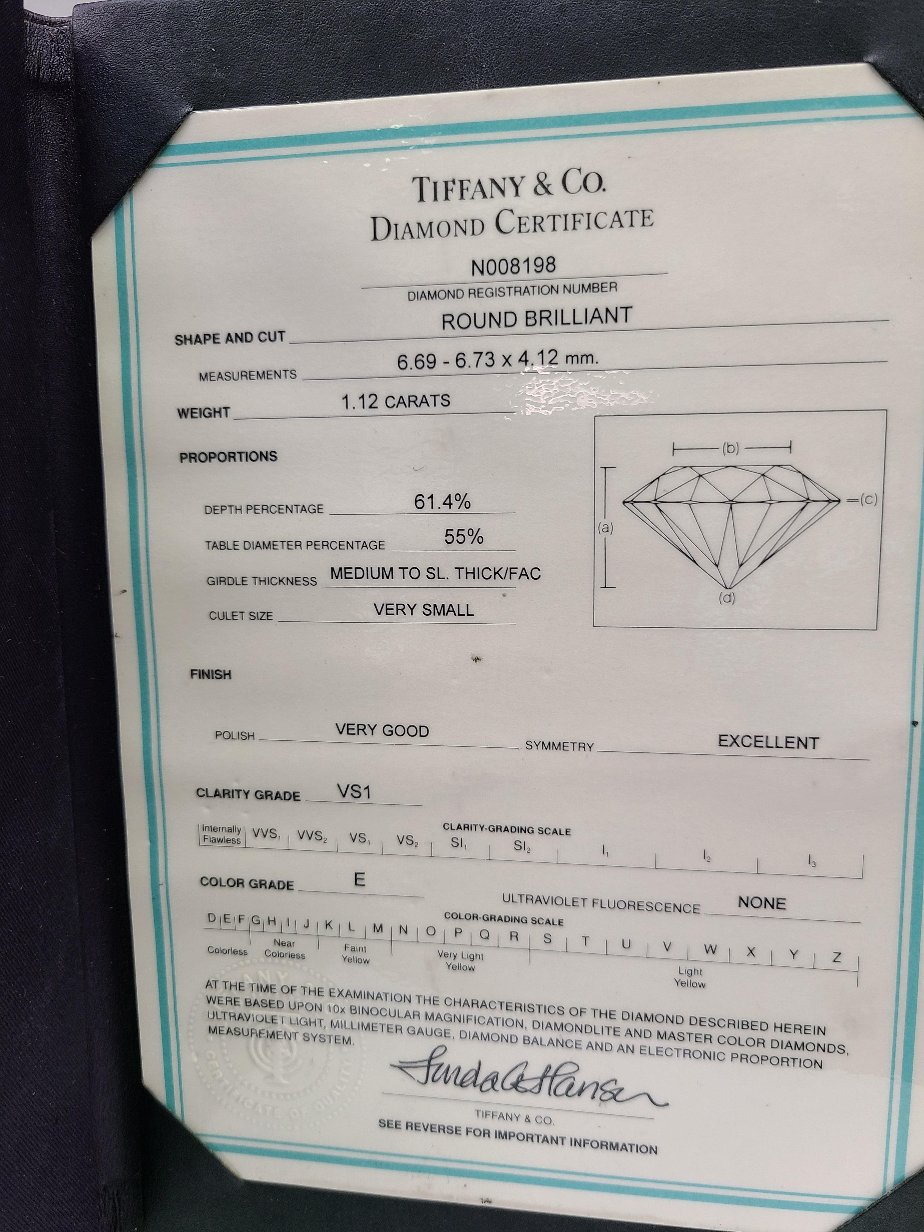 Tiffany and Co 1.12 Carat Round Brilliant E-VS1 Diamond Platinum Engagement Ring