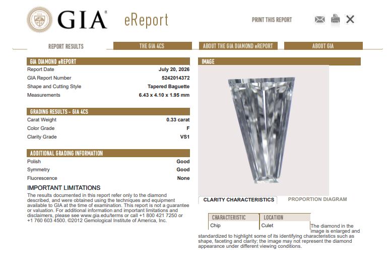 Platinum Semi Mount Ring 0.66ct Baguette Diamond F/G VS1 GIA Fits 11.6x7.9mm